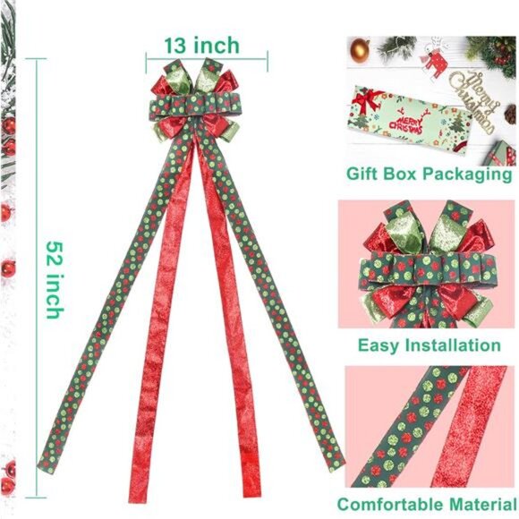Christmas Tree Topper Wreath Bow Large Green Christmas Bow Tree Topper 52"x13" - Picture 2 of 8